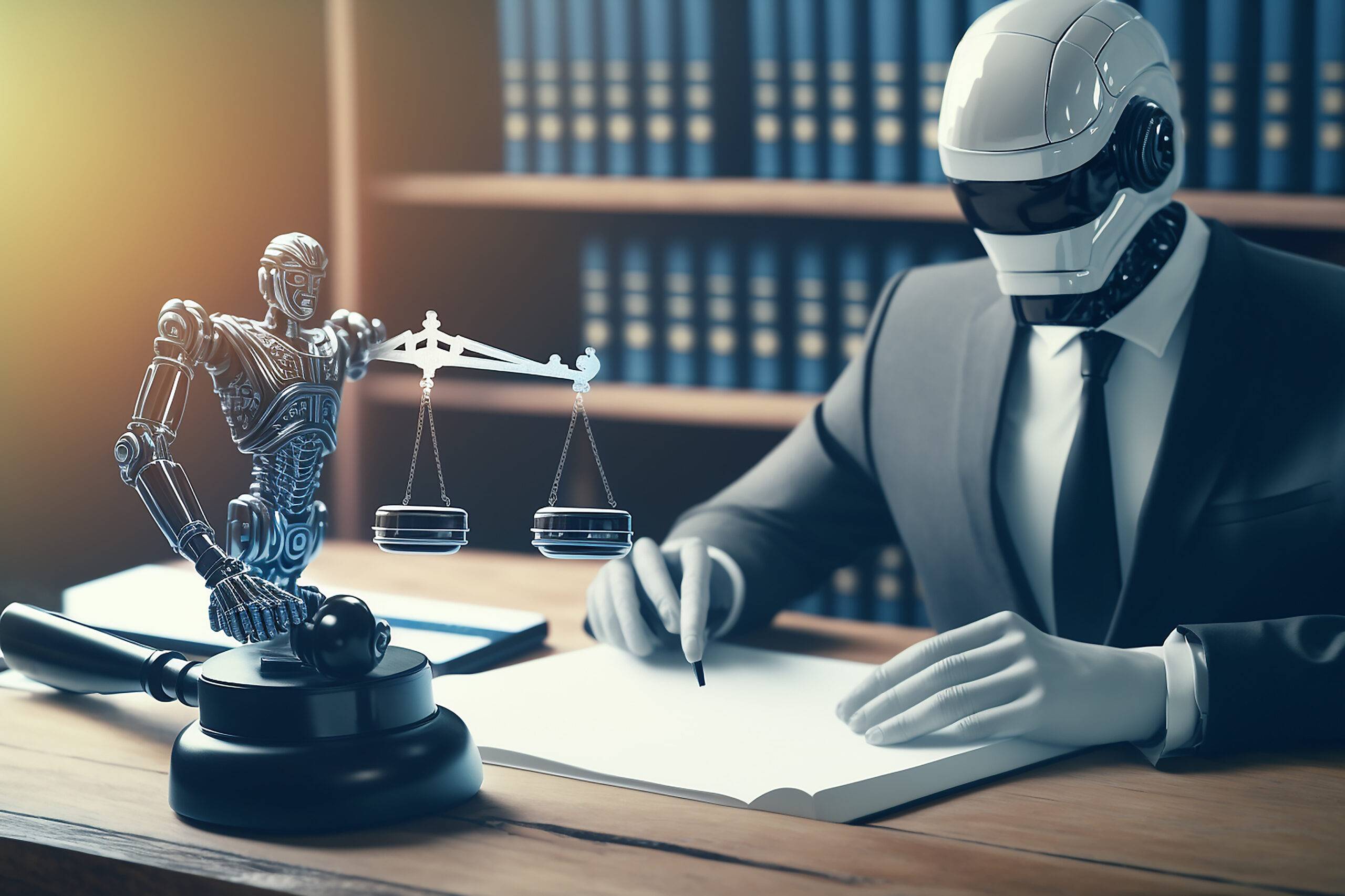 Ai related law concept shown by robot hand using lawyer working tools in lawyers office with l