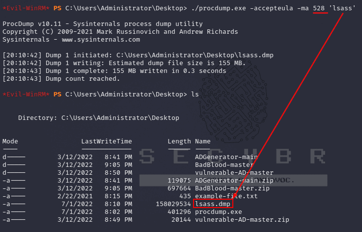 Dumping lsass.exe with procdump.exe after finding lsass.exe PID