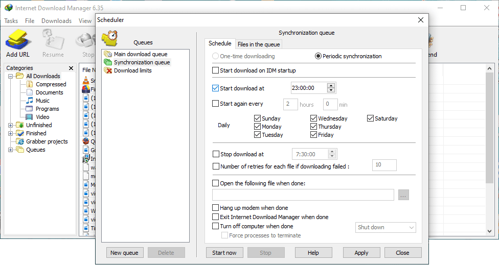 Using queue in Internet Download Manager