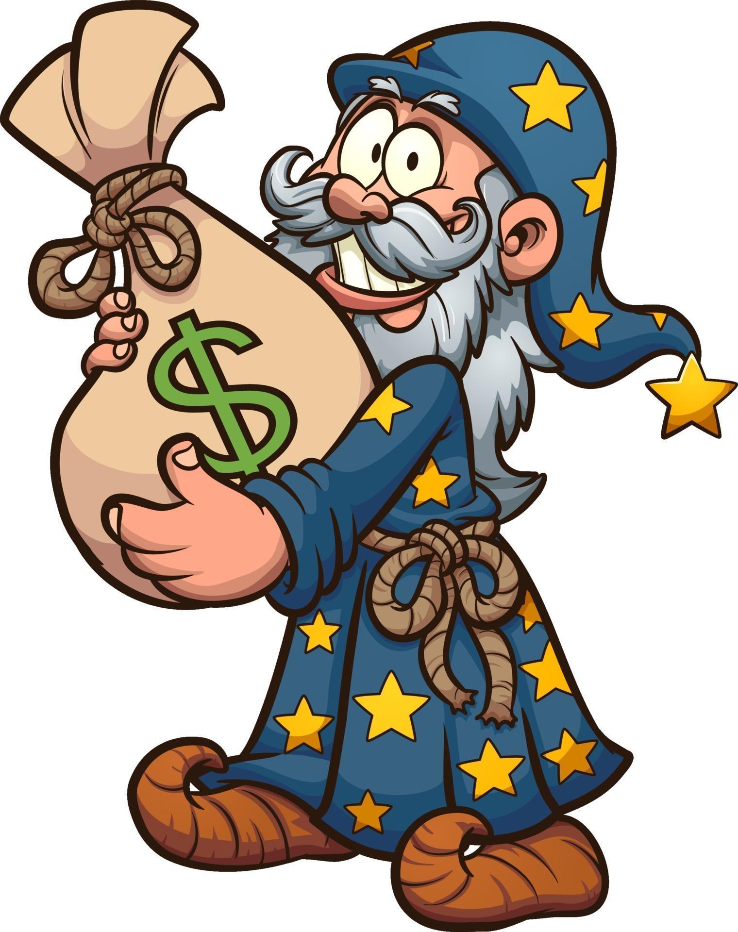 Wizard with bag of money vector